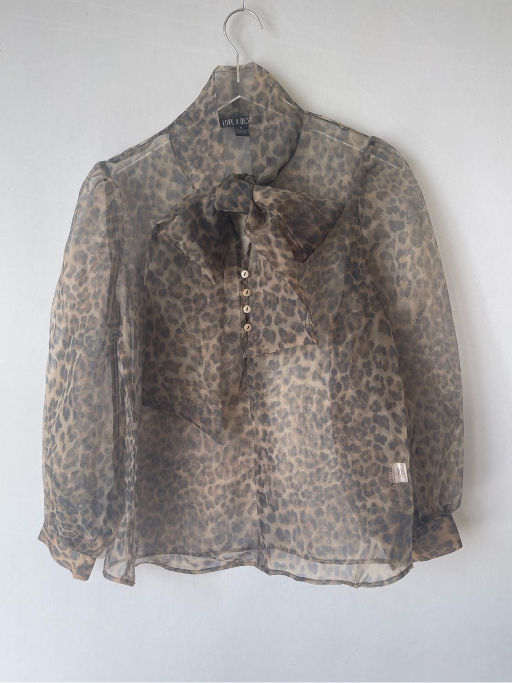 Sheer Leopard Print Puff Sleeve Tie Neck Blouse M